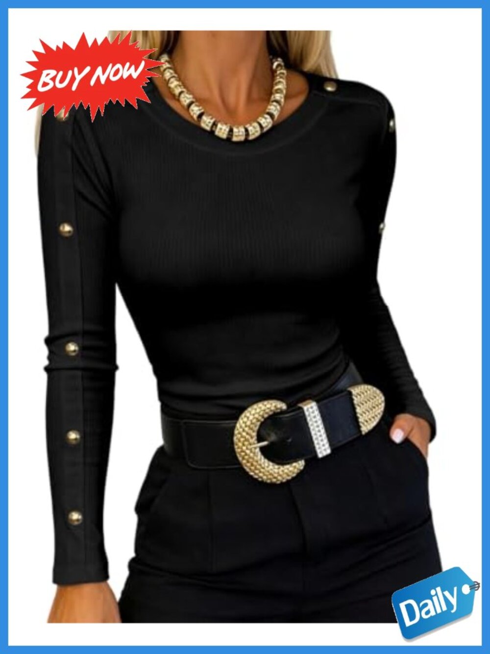Ribbed Knit Long Sleeve Fitted Top with Gold Buttons